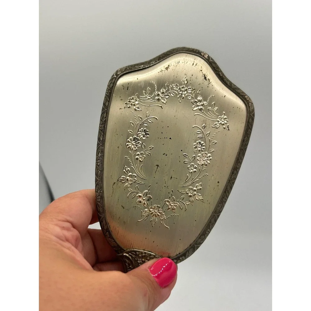 Vintage Ornate Silver Tone Floral Repousse Hair Brush Nylon Bristles Vanity